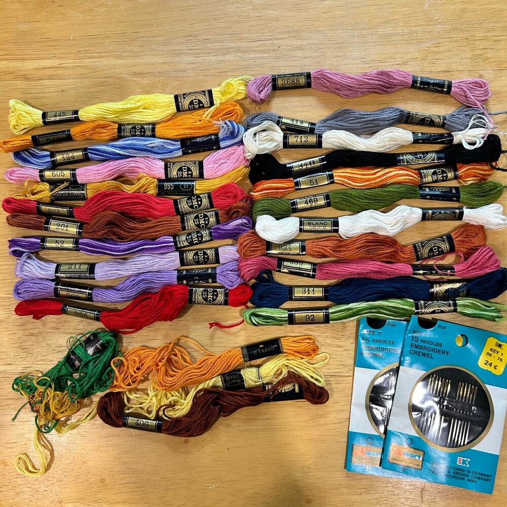 Vintage DMC Embroidery Thread Lot 21 Mixed Colors Cross Stich 70's 80's Needles